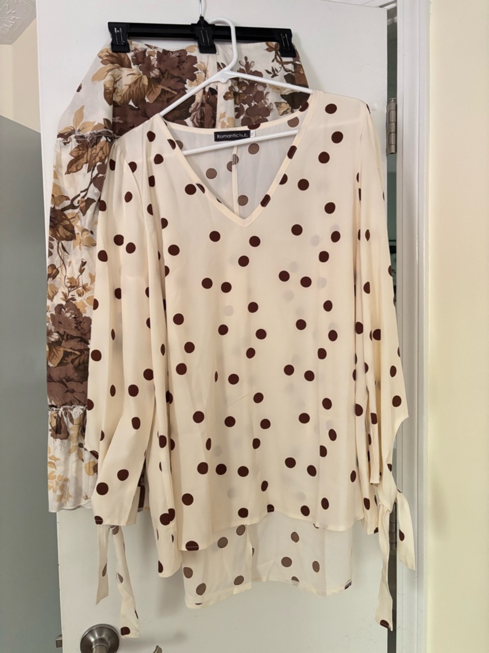 Cream Polka Dot V-Neck Blouse with Brown & Cream Floral Skirt